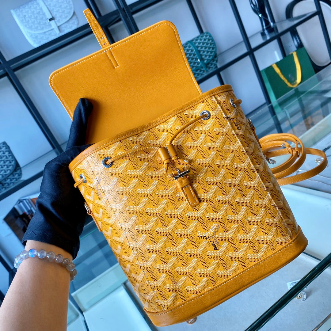 Gogy Yellow Geometric Chevron Print Leather Bucket Bag with Top Handle