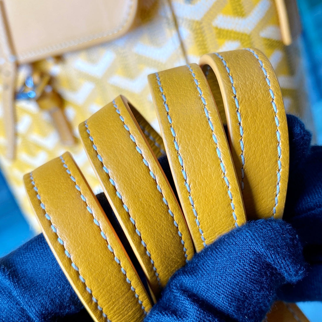 Gogy Yellow Geometric Chevron Print Leather Bucket Bag with Top Handle