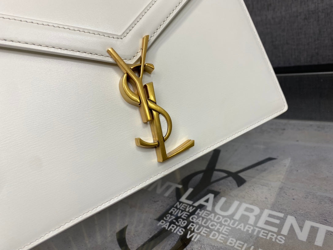 Saint Laurent Cassandra Medium Envelope Shoulder Bag in White Leather with Gold Hardware