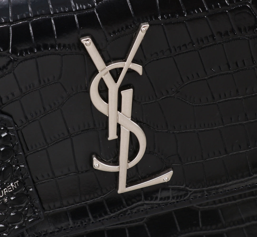 Saint Laurent Sunset Medium Shoulder Bag in Black Crocodile-Embossed Leather