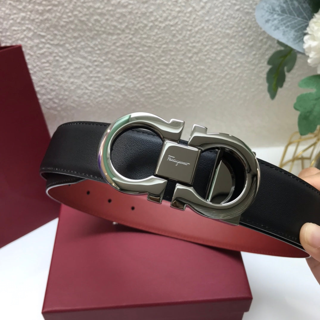 Salvatore Ferragamo Men's Double Gancini Reversible Leather Belt, Black and Red with Silver-Tone Buckle