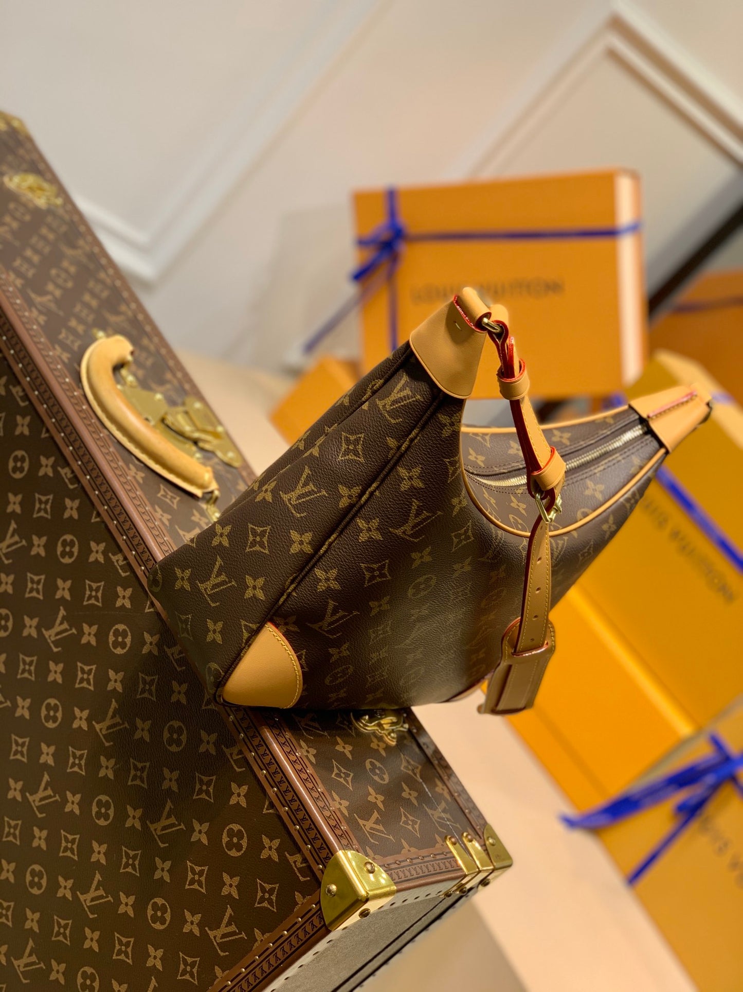 Louis Vuitton Classic Monogram Canvas Crescent Shoulder Bag with Tan Leather Trim