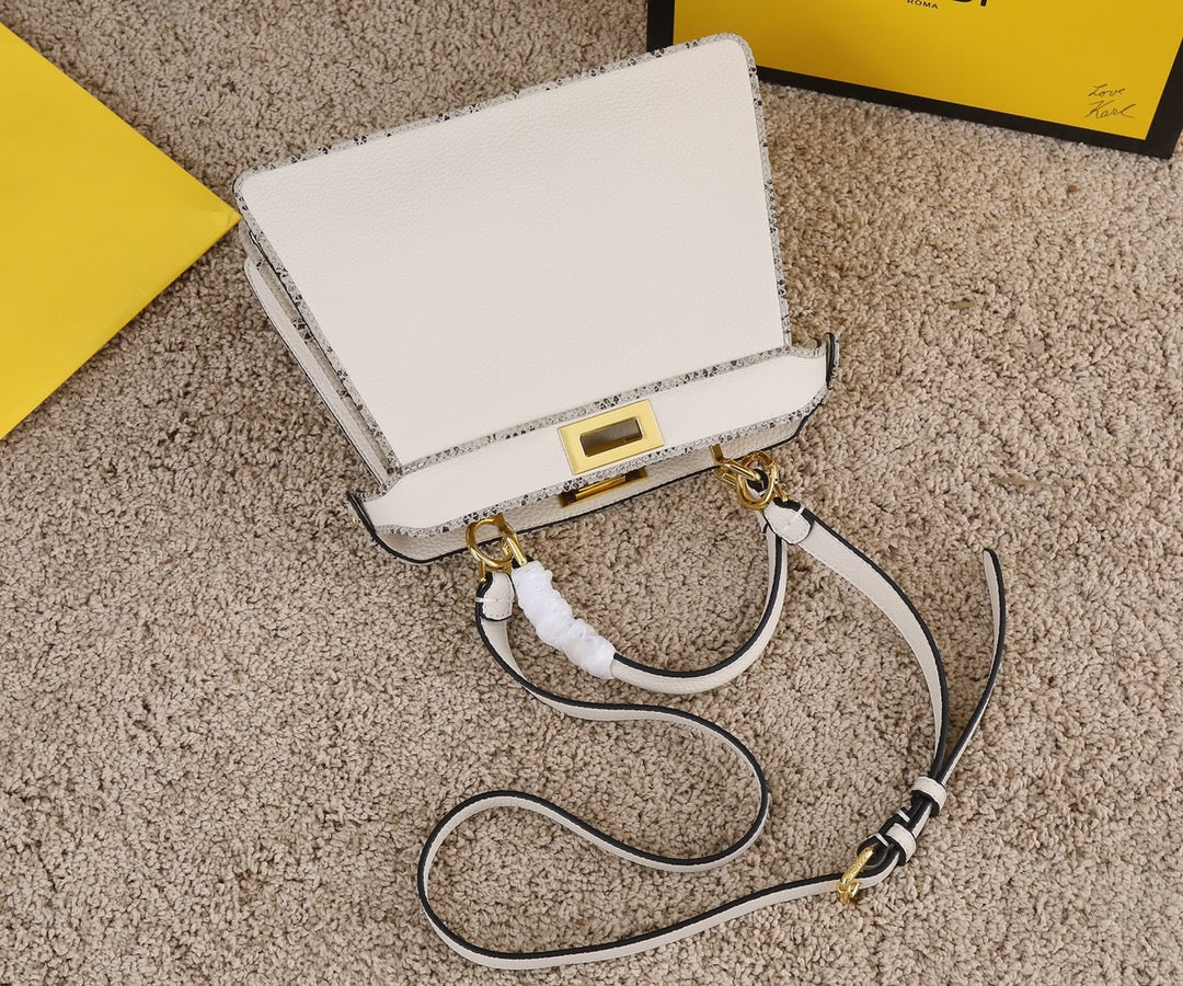 Fendi Peekaboo Small White Leather Handbag with Gold-Tone Hardware