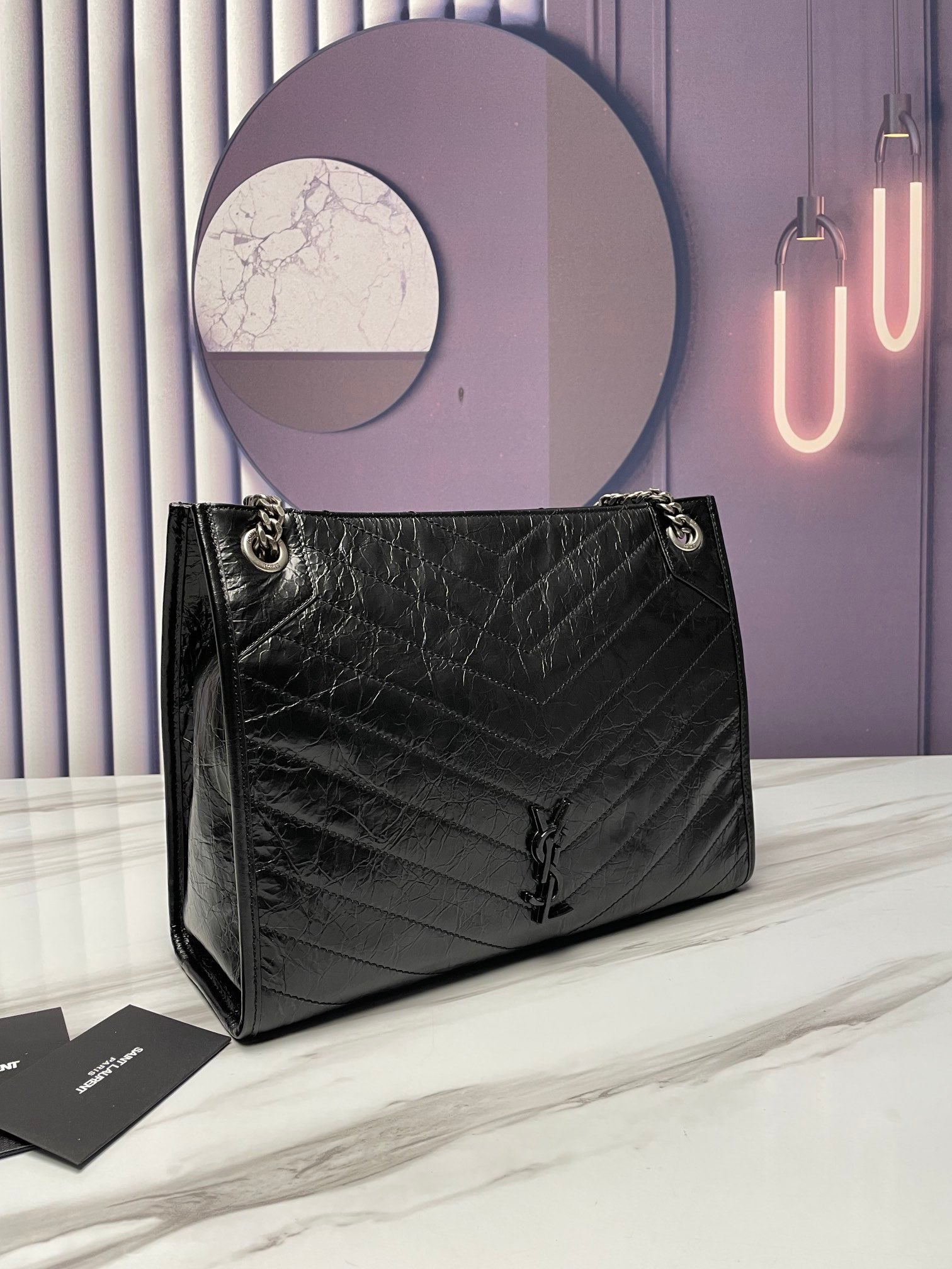 Saint Laurent Large Loulou Shopping Bag - Black Quilted Crinkled Leather