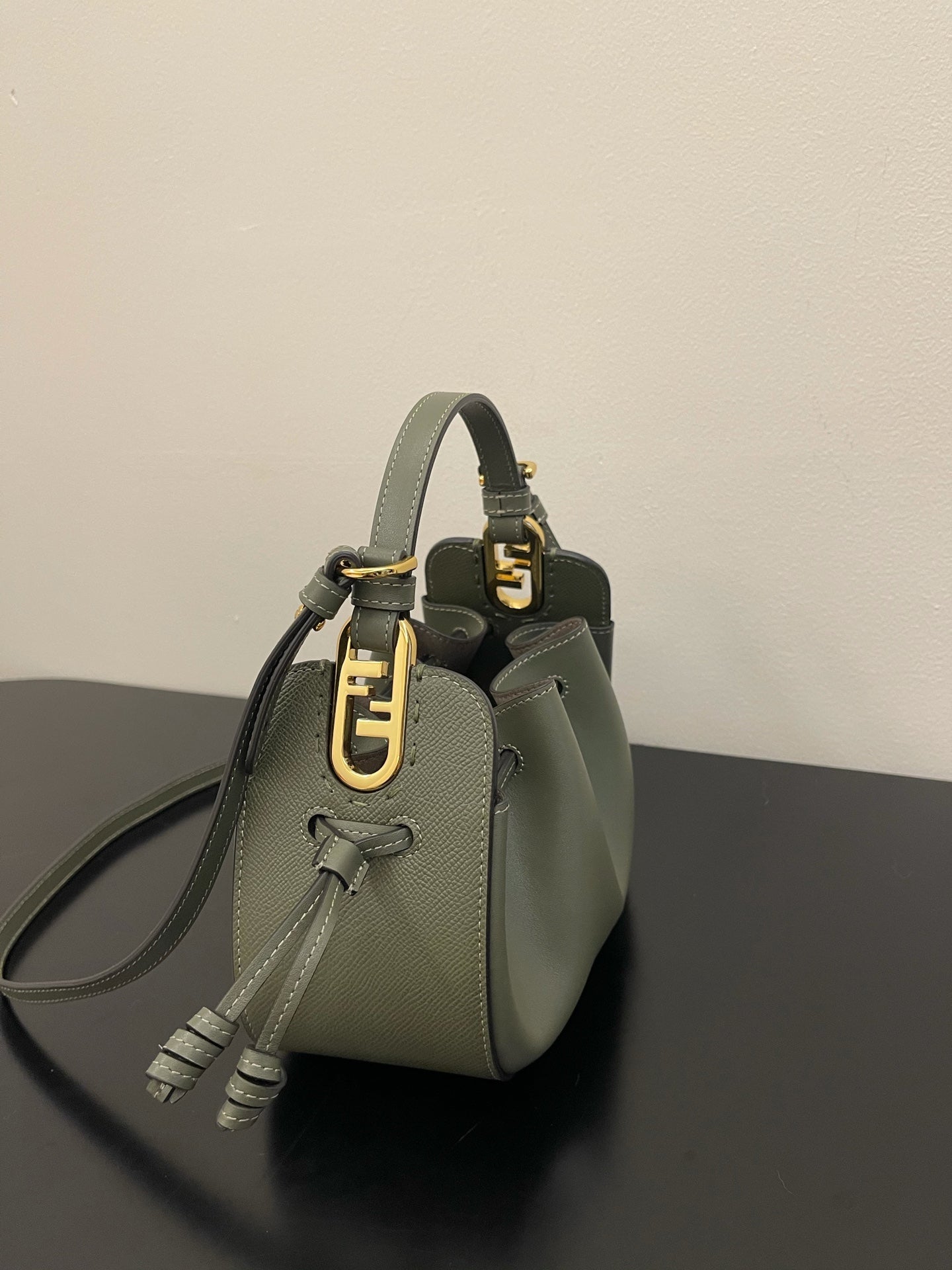 Women's Mini Leather Drawstring Bucket Bag - Olive Green