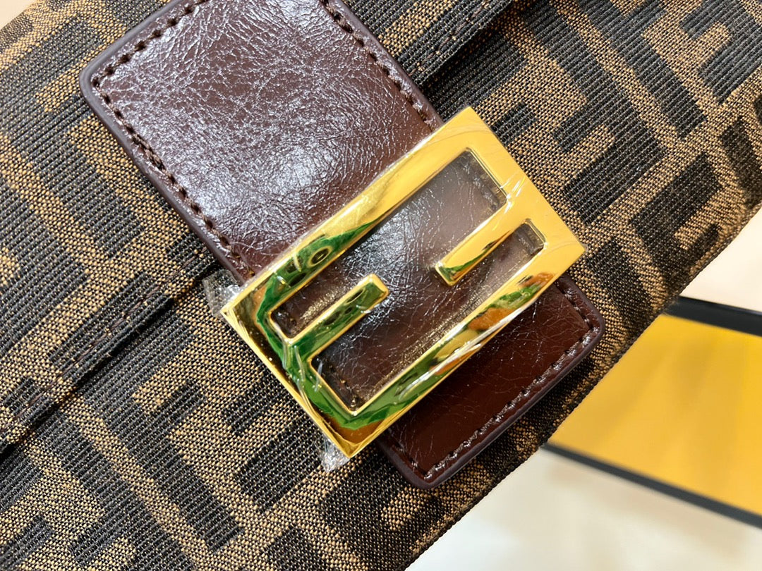 Fendi Zucca Monogram Canvas Baguette Shoulder Bag - Brown FF Logo 26x13cm