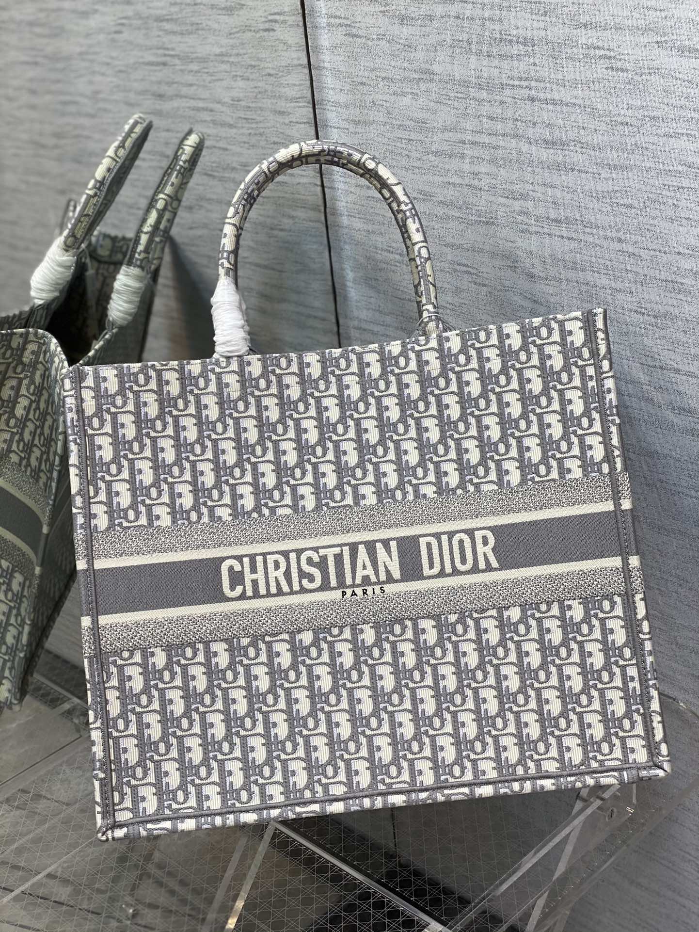 Christian Dior Gray Oblique Embroidery Book Tote Bag