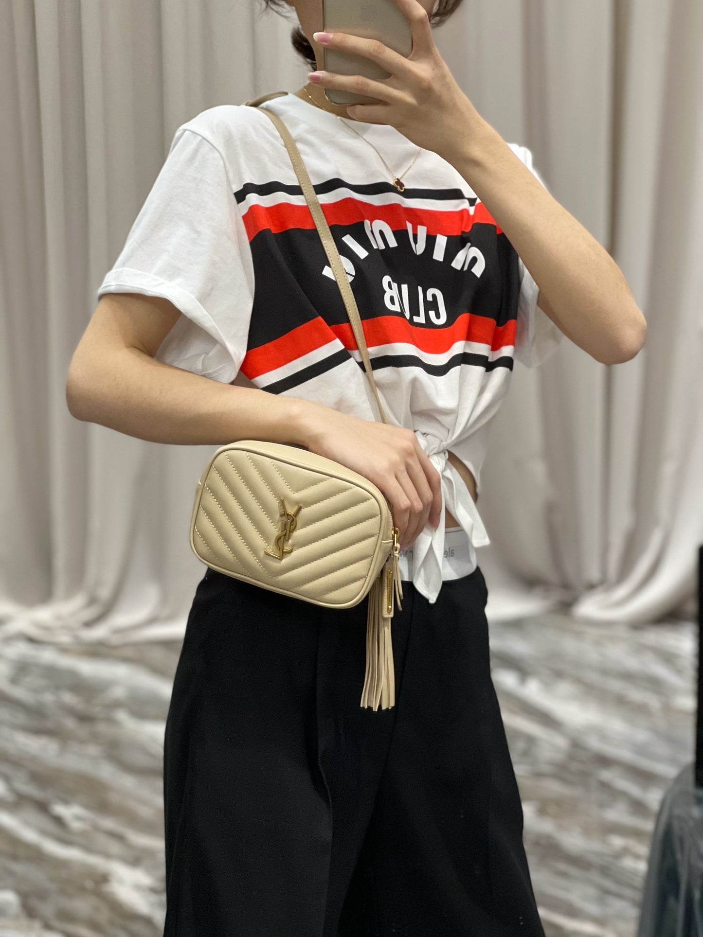 Saint Laurent Lou Mini Quilted Leather Camera Bag in Beige
