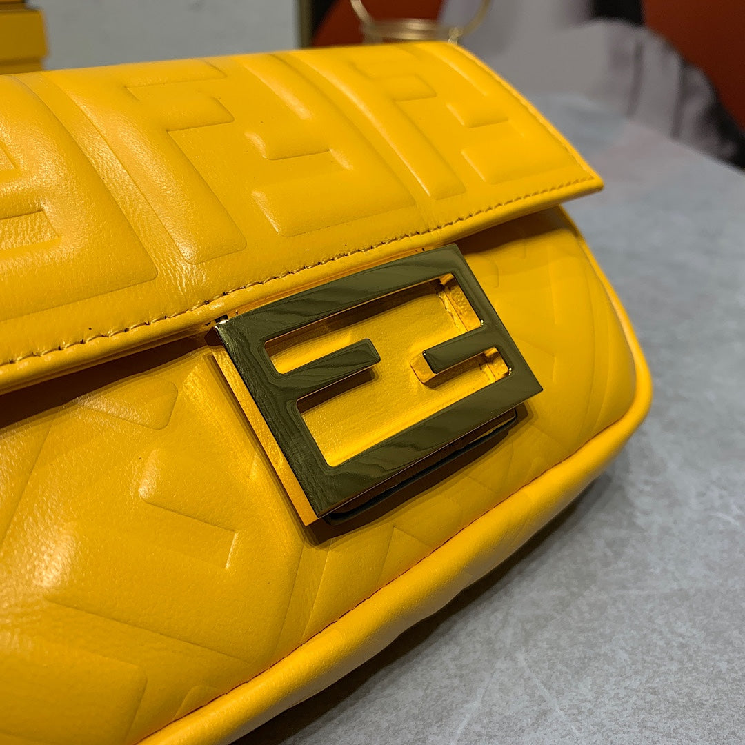 Fendi Yellow Embossed FF Baguette Mini Bag with Gold Chain Strap
