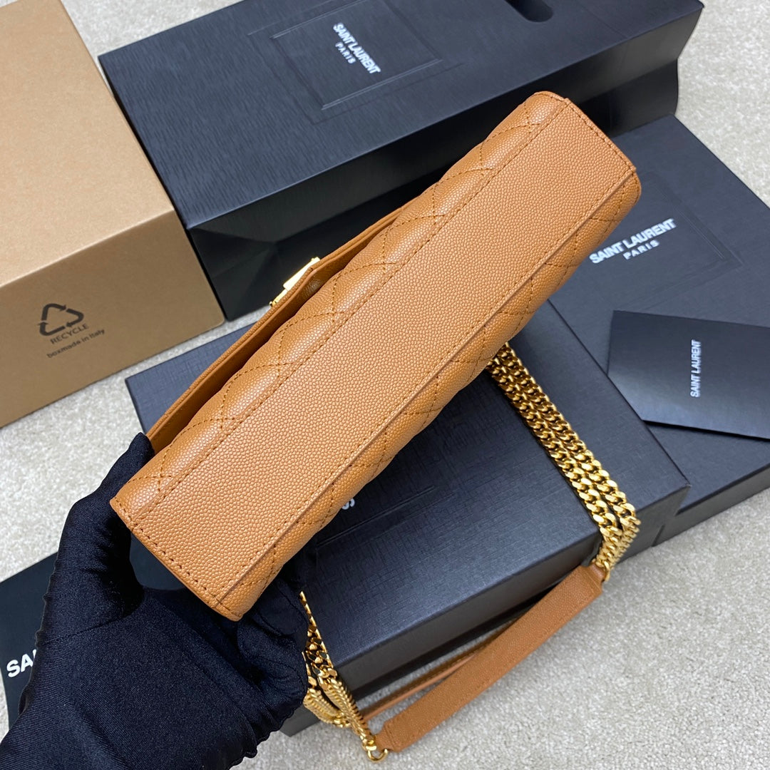 Saint Laurent Medium Envelope Bag in Quilted Grain de Poudre Leather - Tan