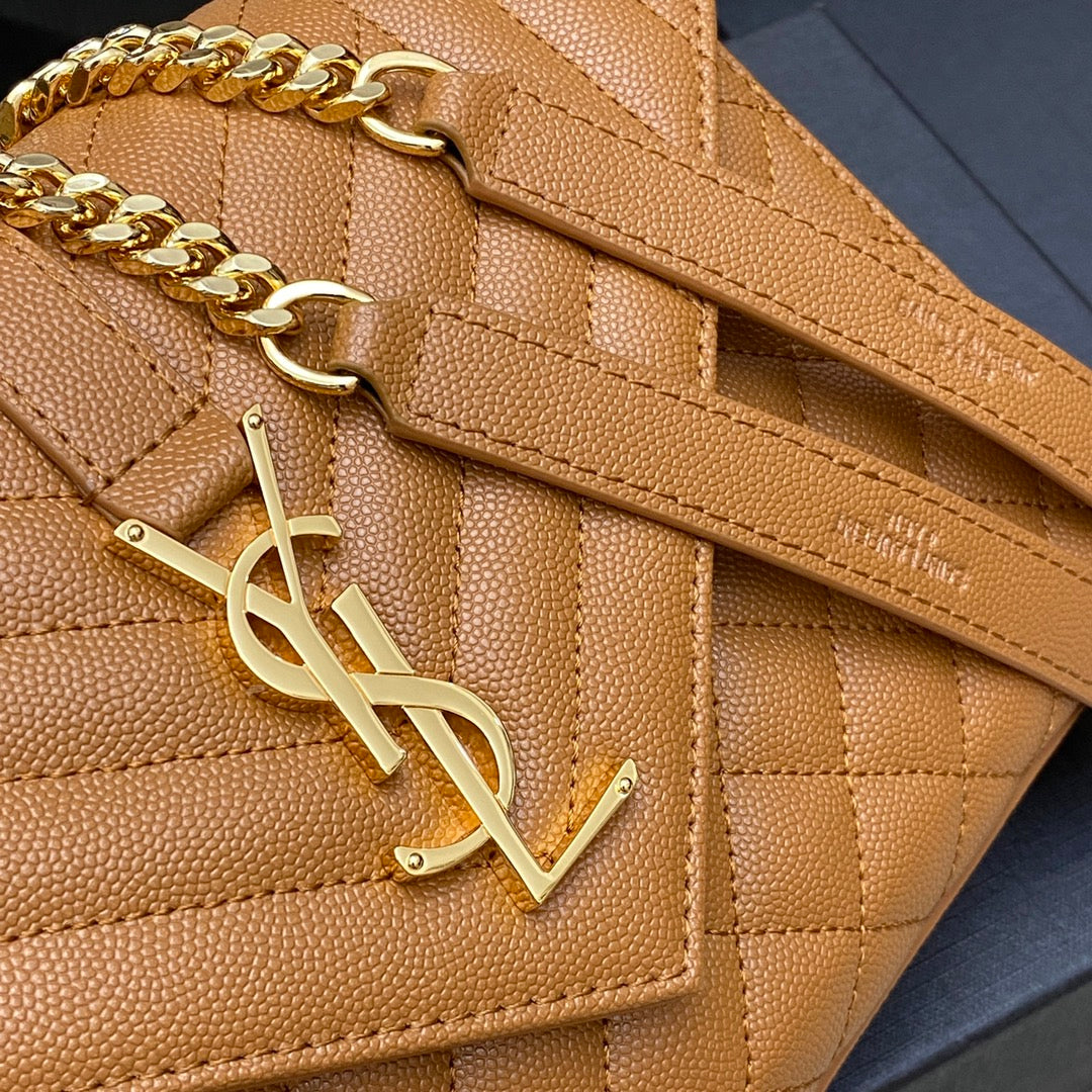 Saint Laurent Medium Envelope Bag in Quilted Grain de Poudre Leather - Tan