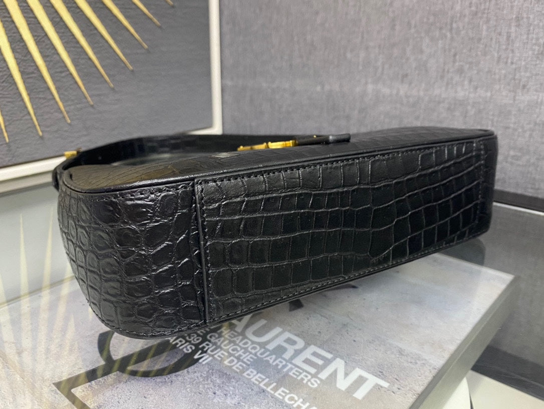Saint Laurent Le 5 à 7 Hobo Bag in Black Crocodile-Embossed Leather