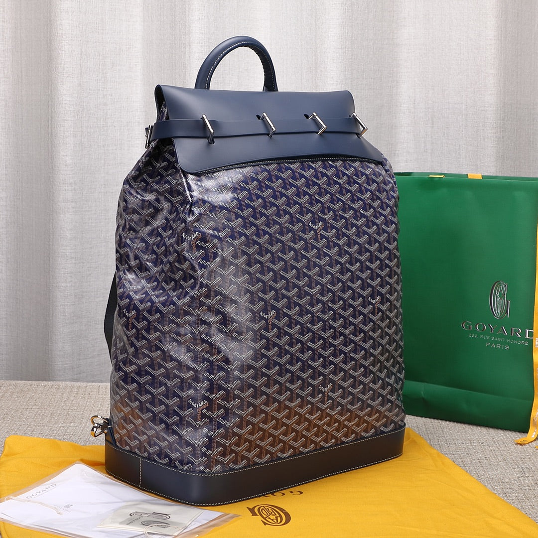 Gogy Navy Blue Geometric Chevron Pattern Canvas Backpack with Leather Trim