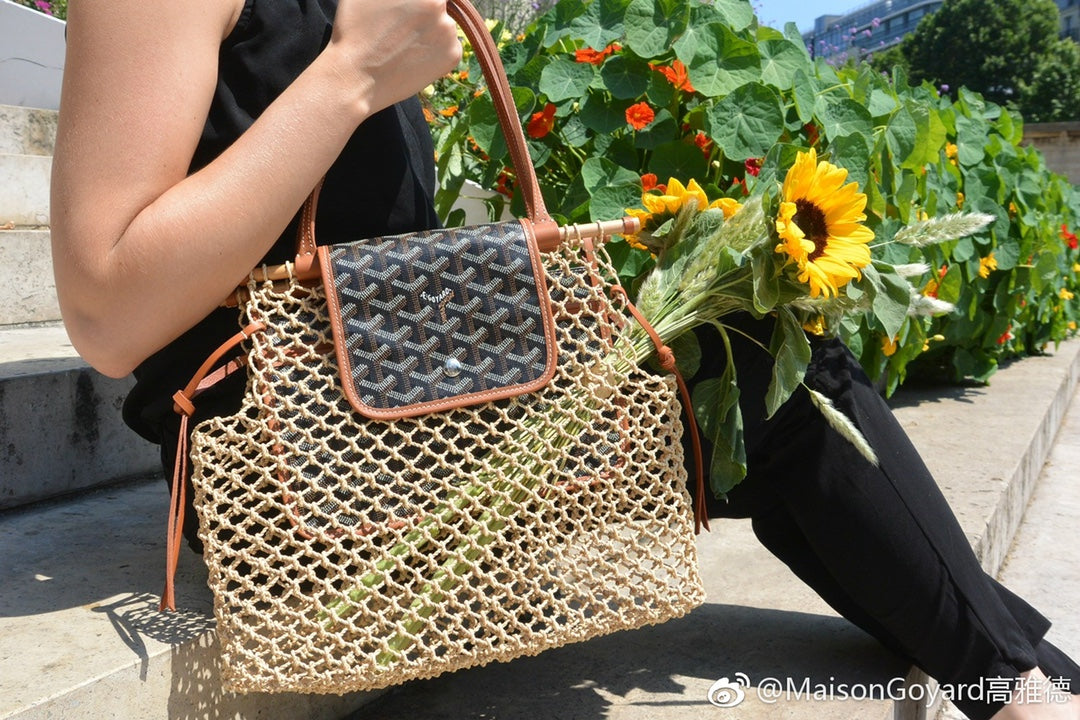 Gogy Woven Straw Net Shoulder Bag with Patterned Leather Flap
