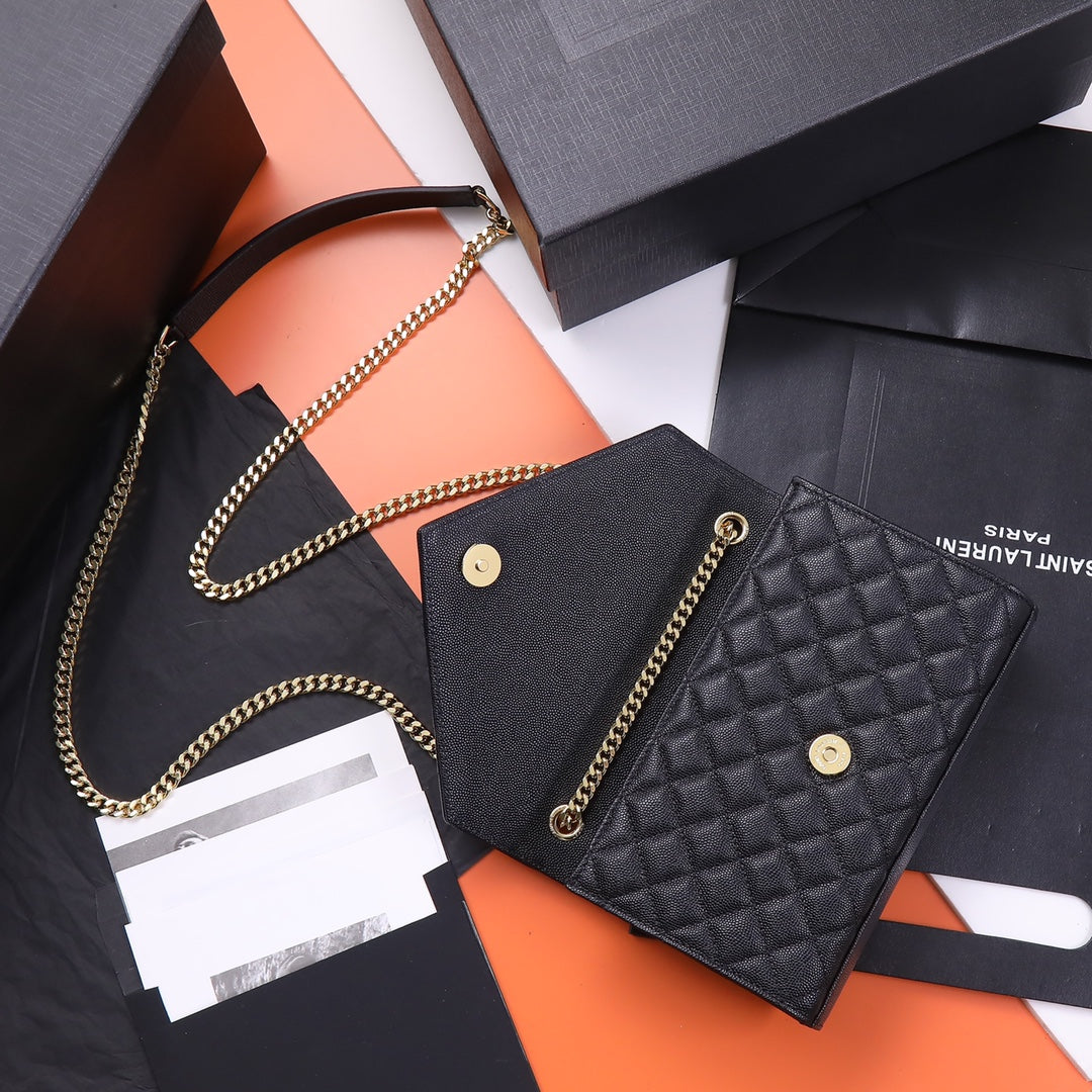 Saint Laurent Monogram Mix Matelassé Grain de Poudre Chain Wallet - Black