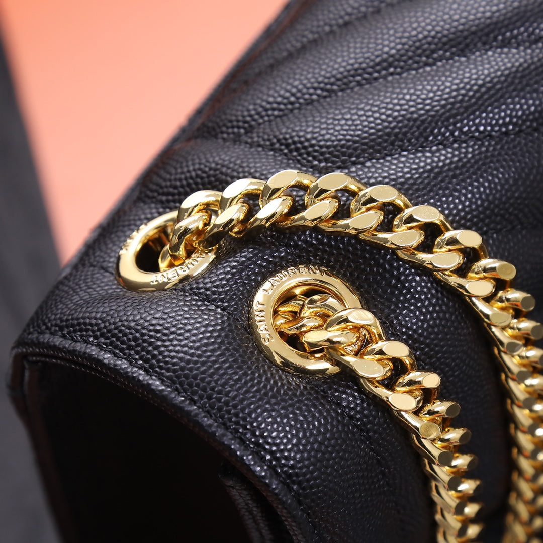 Saint Laurent Envelope Chain Wallet in Quilted Grain de Poudre Leather - Black/Gold
