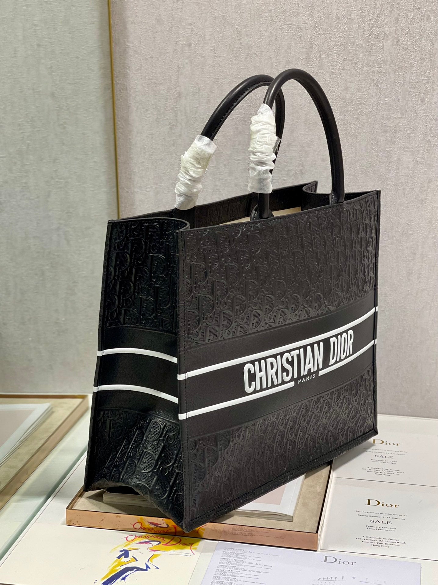 Dior Structured Black Monogram Embossed Tote Bag with Handles