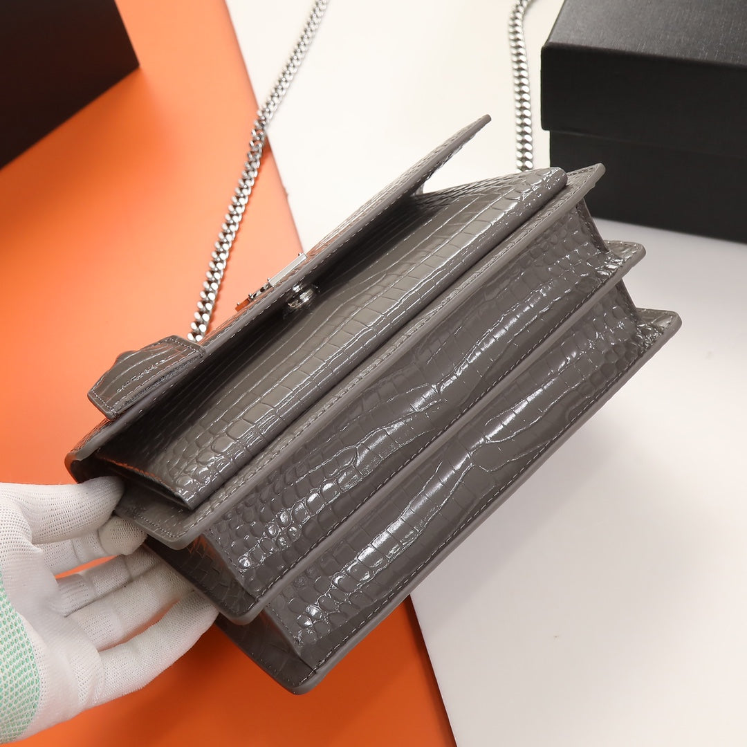 Saint Laurent Sunset Medium Shoulder Bag in Grey Croc-Embossed Leather