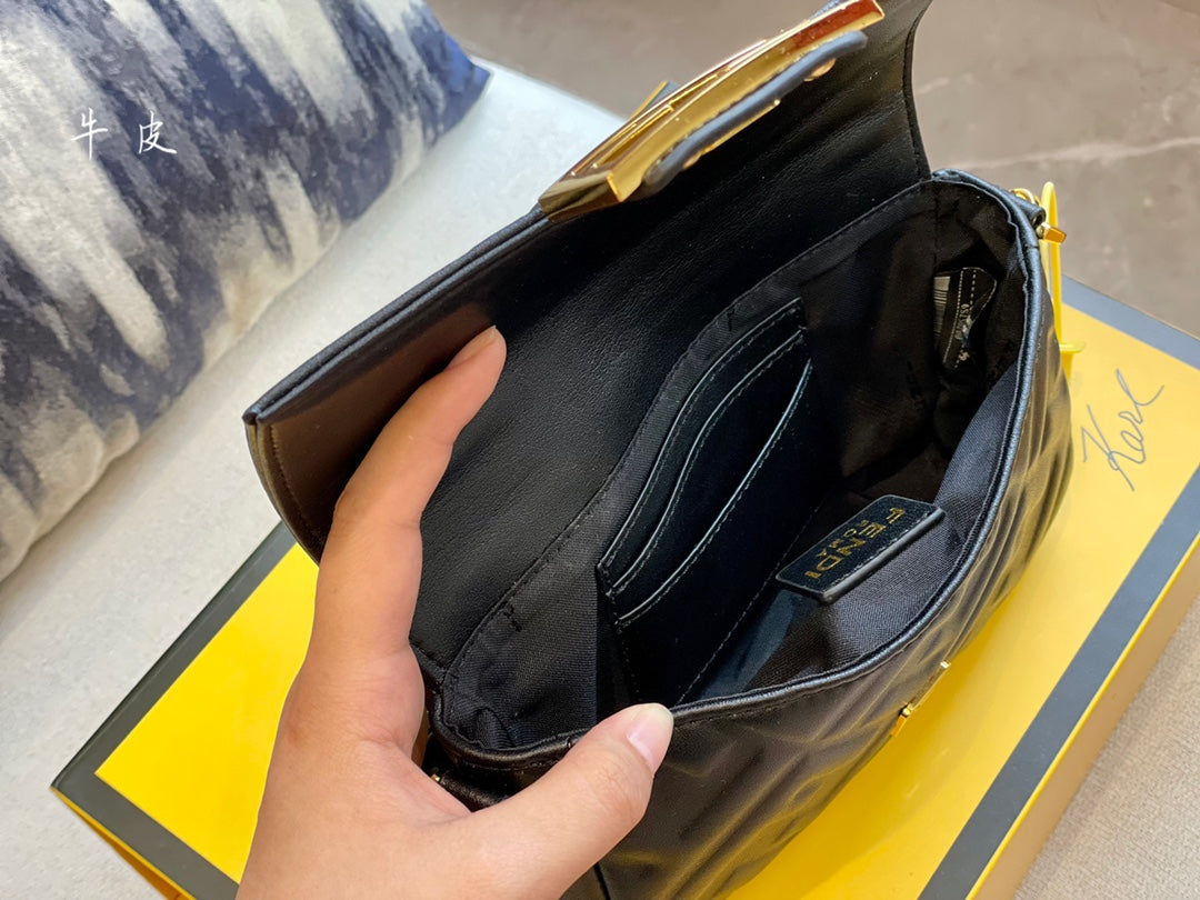 Fendi Baguette Bag - Black Nappa Leather with Embossed FF Motif and Gold Hardware