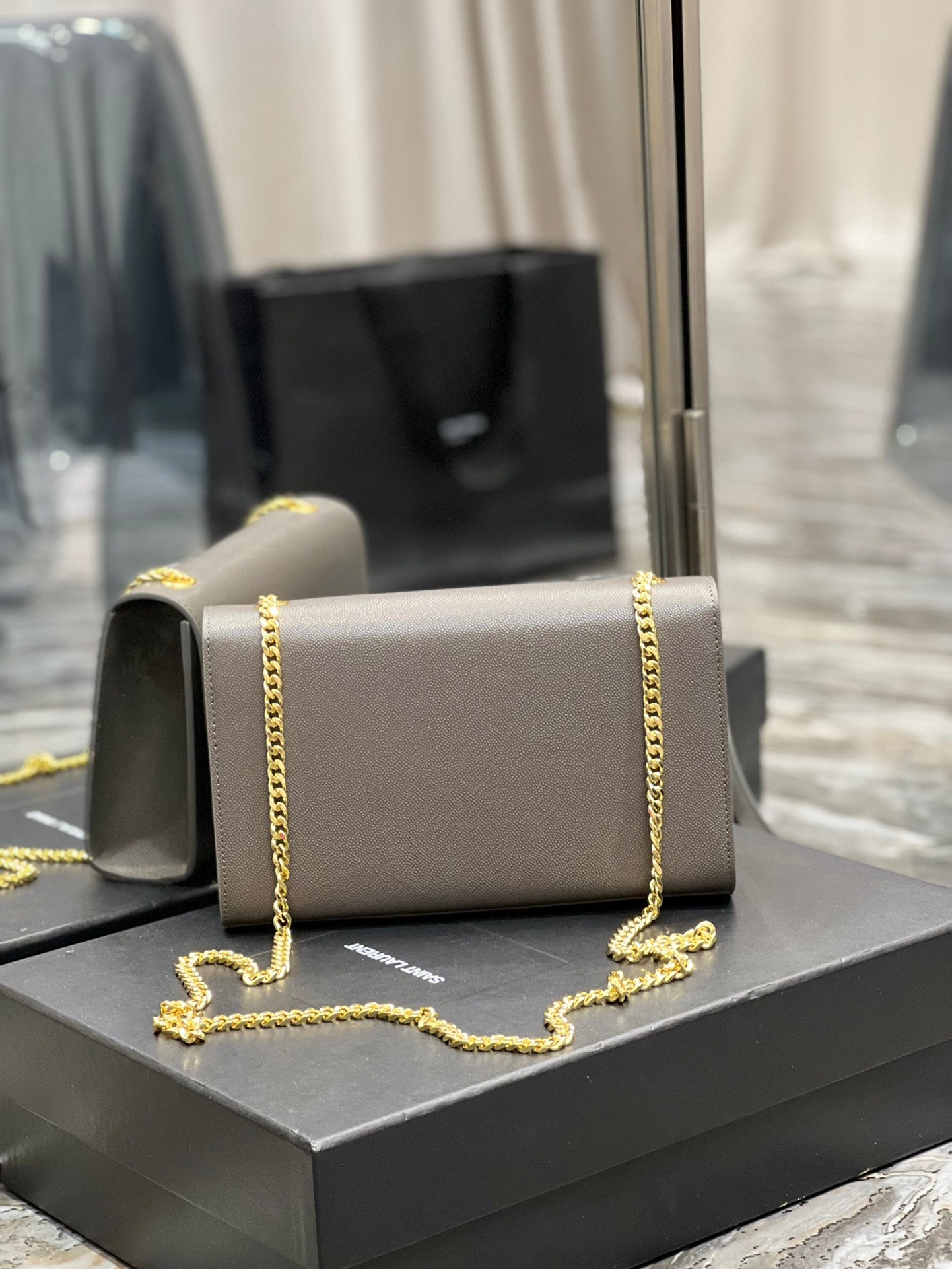 Saint Laurent Kate Small Chain Wallet in Grey Leather with Gold Hardware