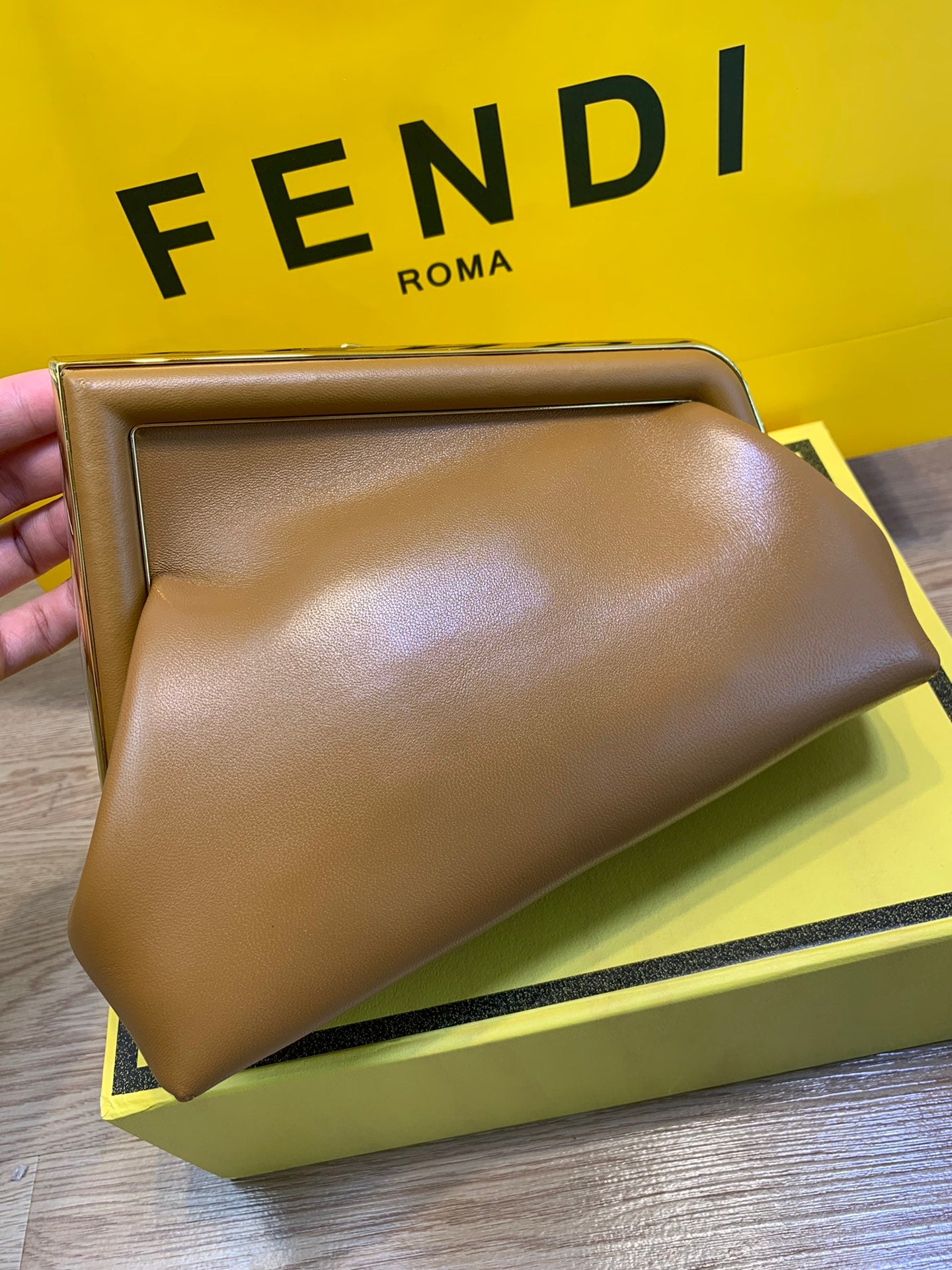 Fendi First Small Caramel Leather Clutch with Shoulder Strap