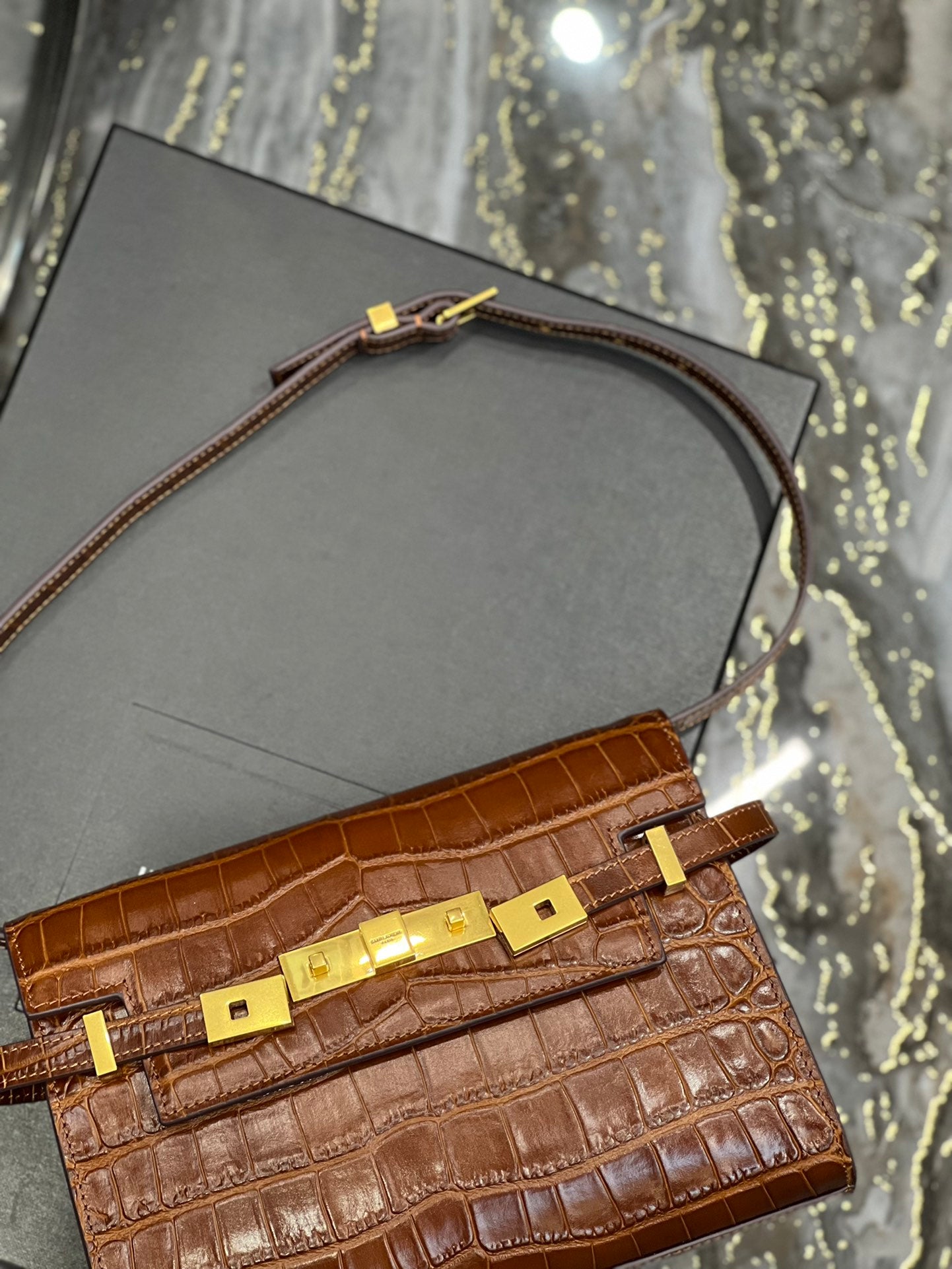 Brown Croc-Embossed Leather Mini Shoulder Bag with Gold Hardware