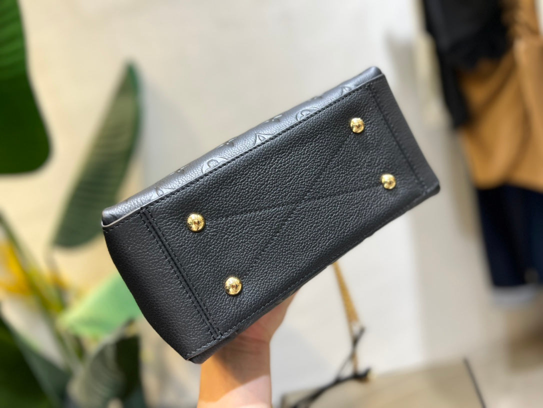 Black Embossed Leather Shoulder Bag with Gold-Tone Chain Strap