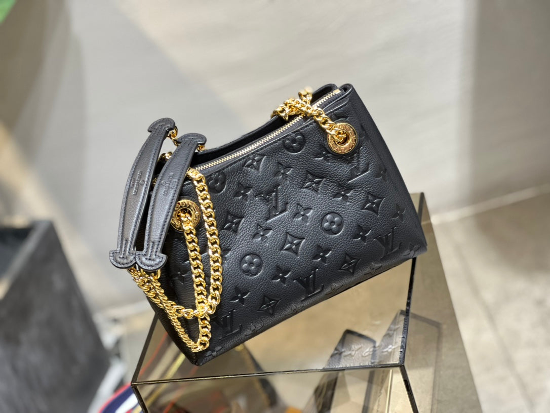 Louis Vuitton Elegant Black Embossed Shoulder Bag with Gold Chain Strap