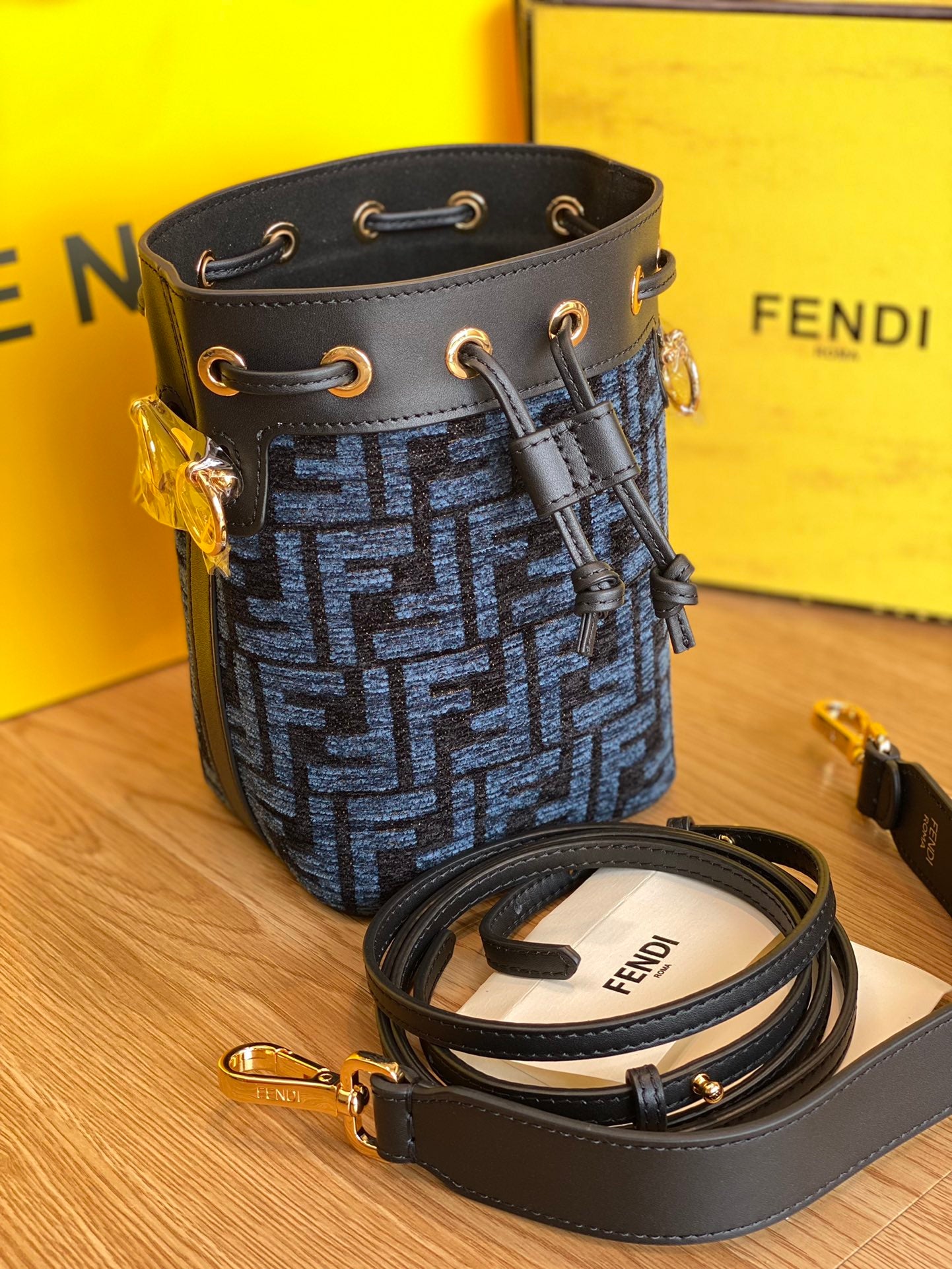 Fendi Mon Tresor Small FF Motif Blue Denim Bucket Bag