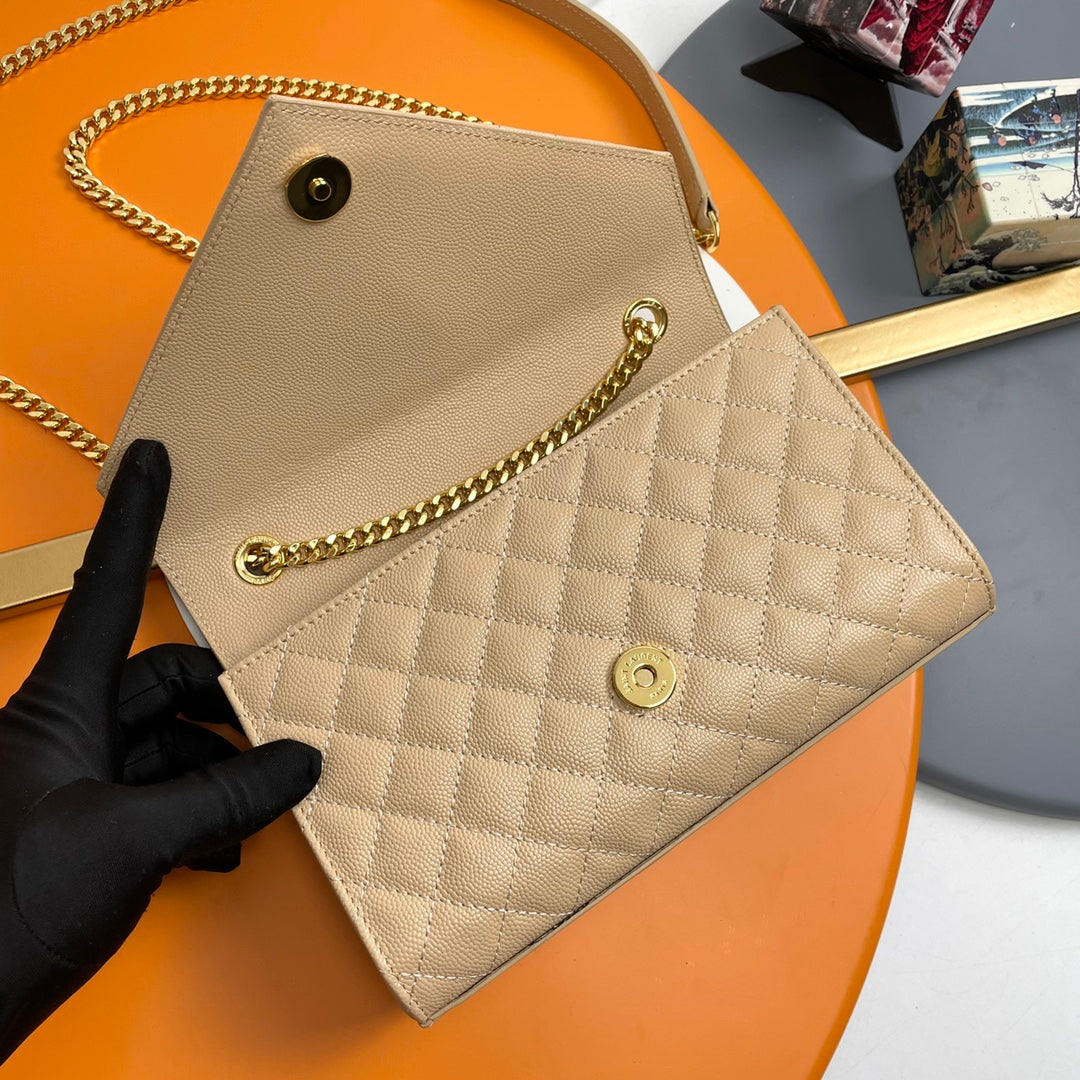 Saint Laurent Envelope Bag in Beige Quilted Leather with Gold-Tone Chain