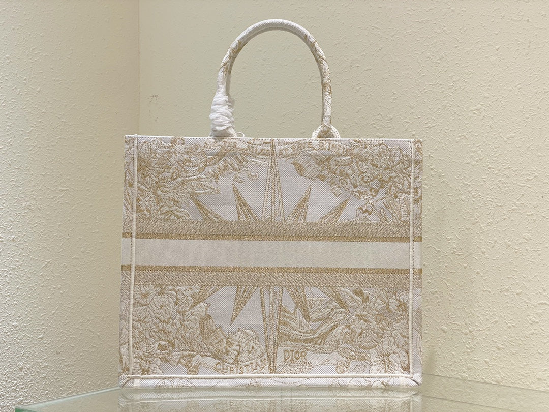 Dior Elegant Gold Star and Floral Embroidered Canvas Tote Bag