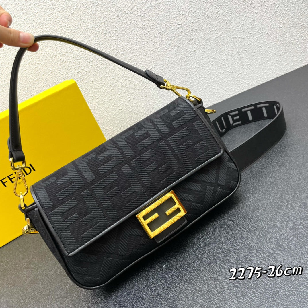 Fendi Baguette Black Embossed FF Fabric Bag with Gold-Finish Clasp