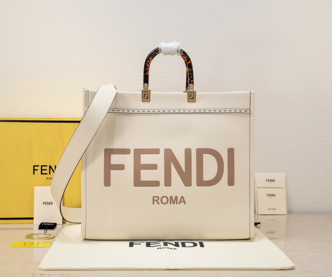 Fendi Sunshine Large Sunshine Shopper Bag - Cream Canvas with Tortoiseshell Handles