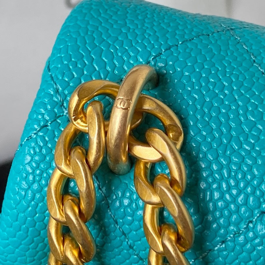 Chanel Teal Quilted Mini Flap Bag with Gold-Tone Heart Charm Chain