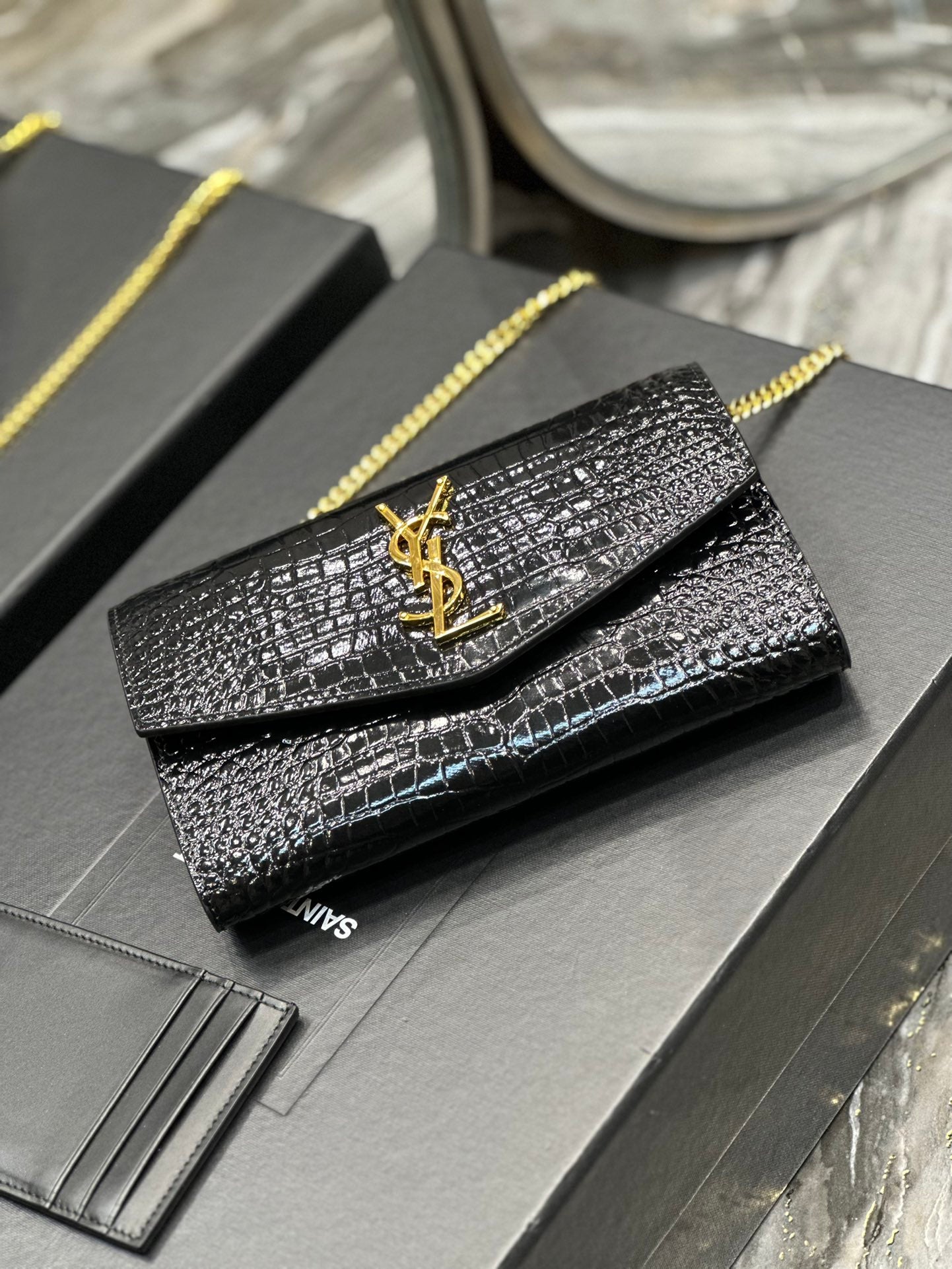 Saint Laurent YSL Black Crocodile-Embossed Leather Wallet on Chain with Cardholder