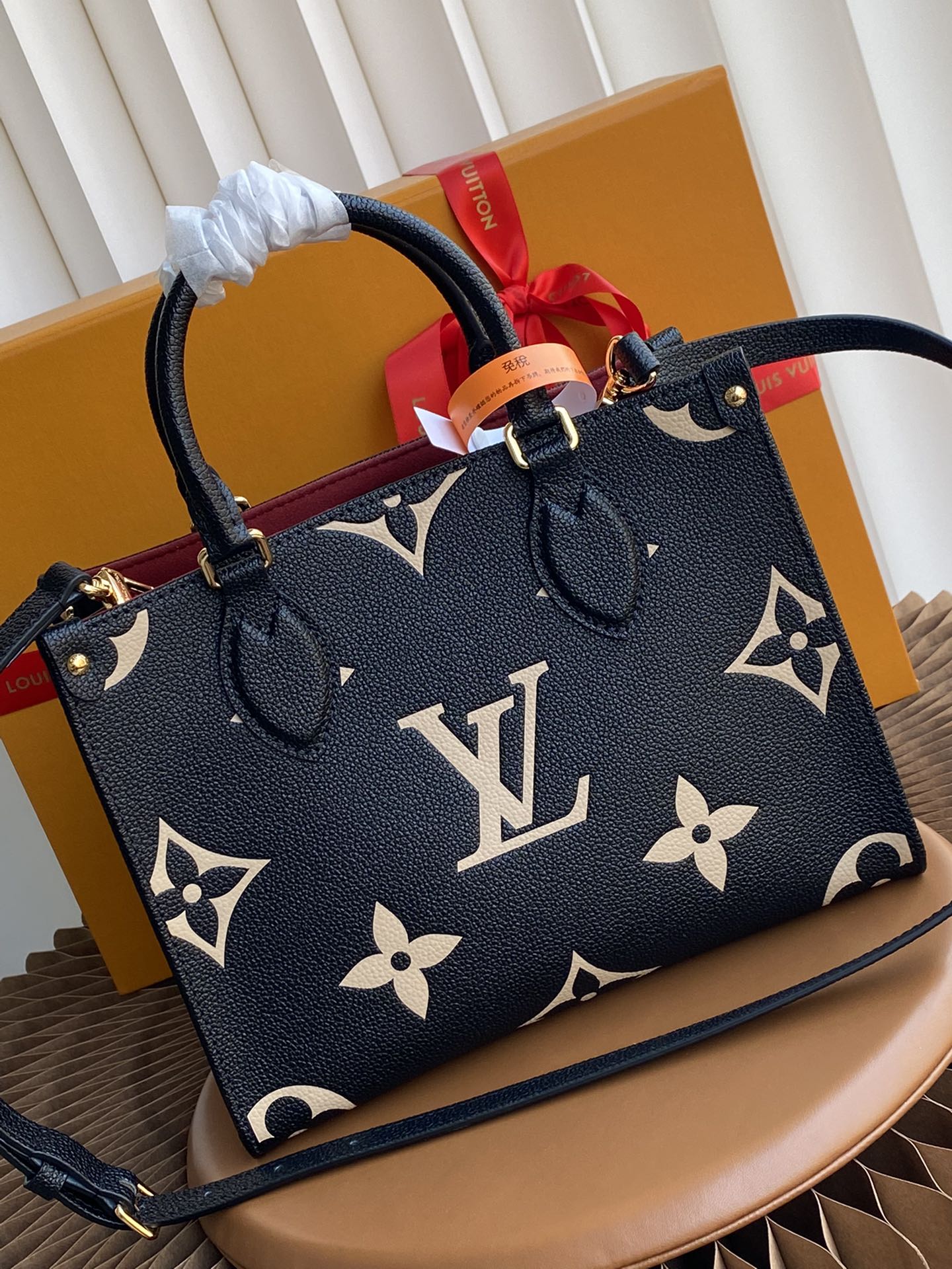 Louis Vuitton Black and Beige Monogram Leather Tote Bag with Shoulder Strap