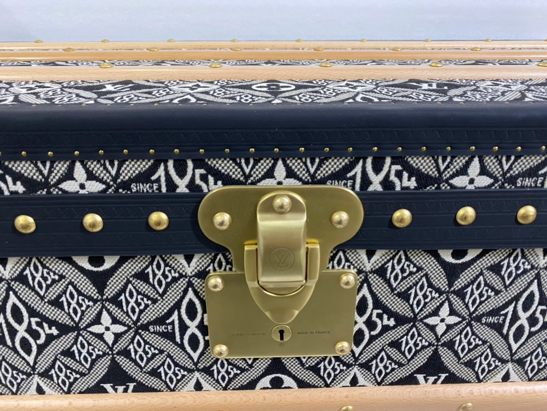 Vintage Monogram Pattern Wooden Storage Trunk with Brass Hardware