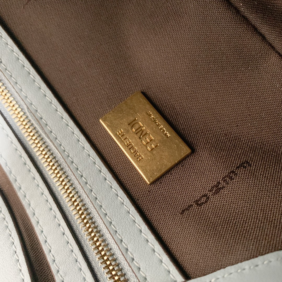 Fendi Light Blue FF Embossed Leather Baguette Bag with Gold Hardware