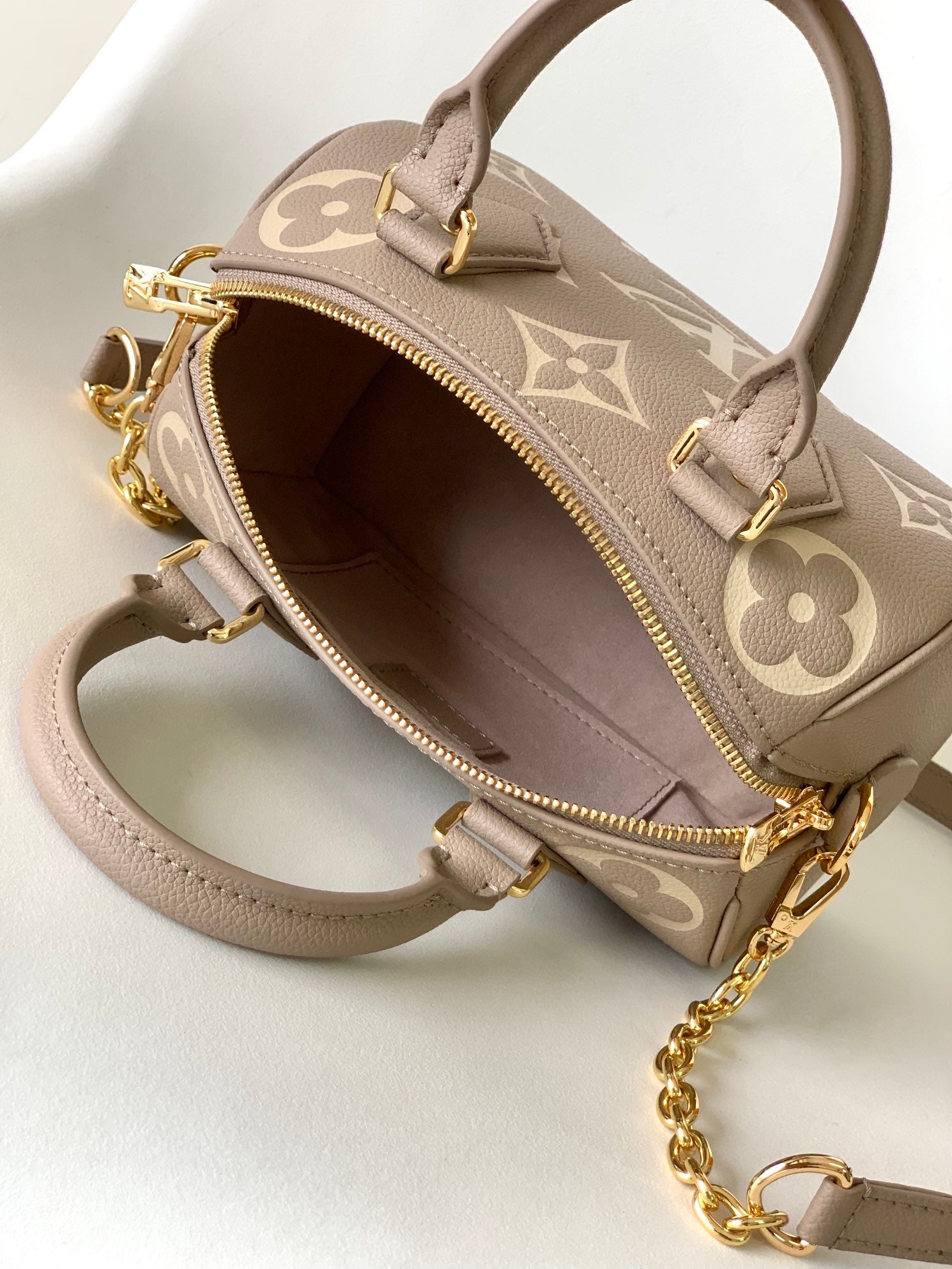 Louis Vuitton Taupe and Cream Leather Monogram Barrel Handbag with Chain Strap