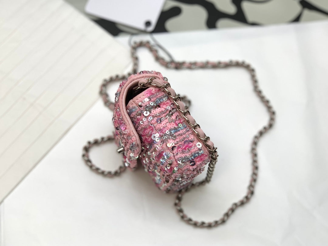 Pink Sequin Mini Crossbody Shoulder Bag with Silver-Tone Chain Strap