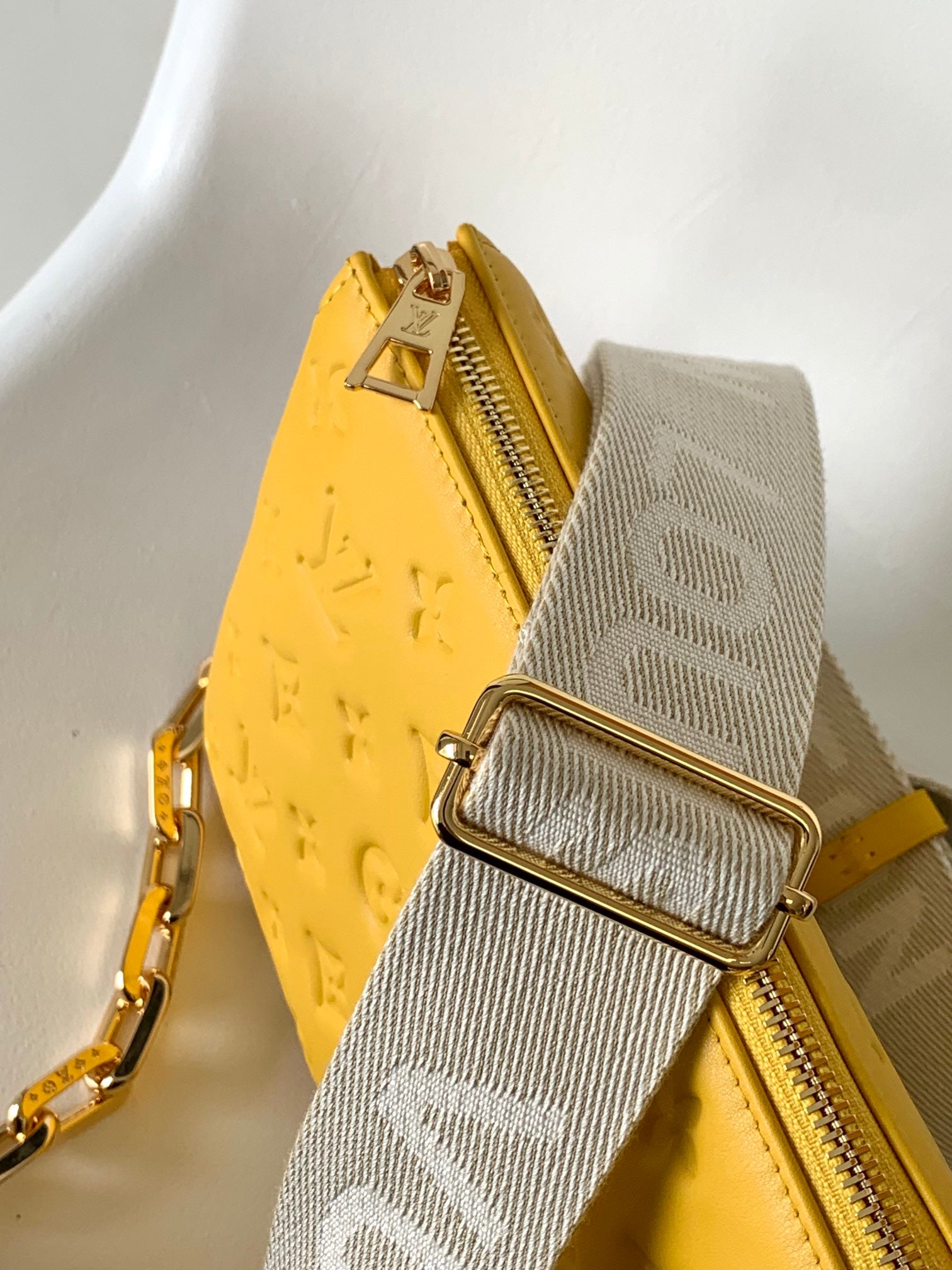 Yellow Quilted Crossbody Bag with Wide Branded Strap and Gold Chain Handle