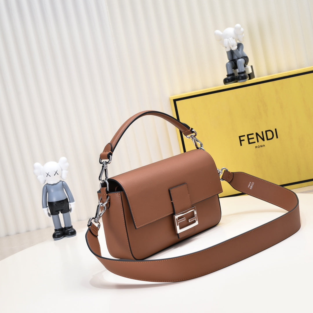 Fendi Brown Leather Baguette Crossbody Handbag with Gold-Tone Hardware