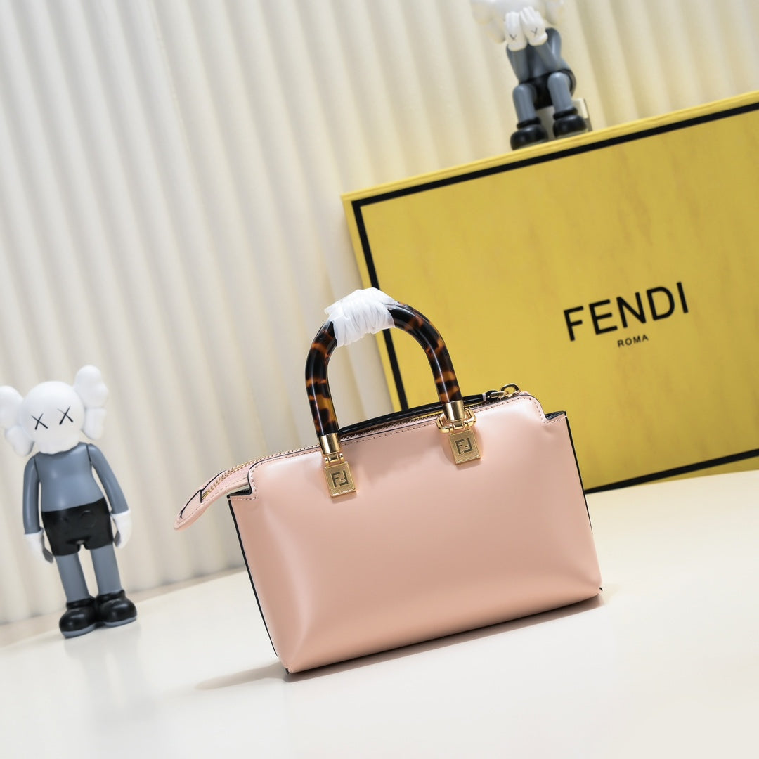 Fendi By The Way Mini Pink Leather Boston Bag with Embossed Logo and Tortoiseshell Handles