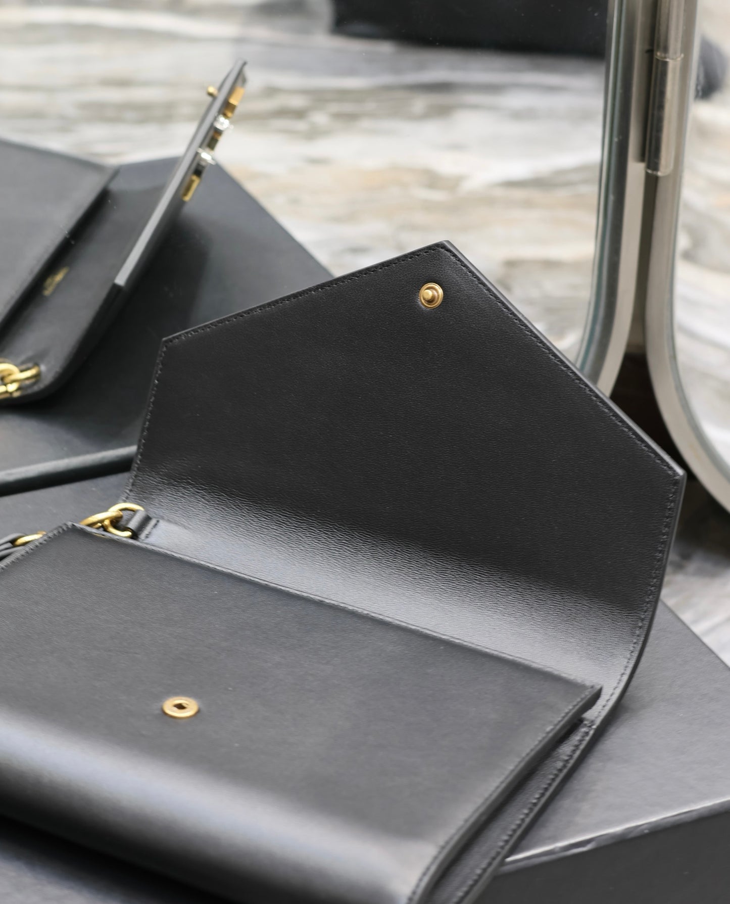 Saint Laurent YSL Black Leather Envelope Clutch Bag with Gold-Tone Logo