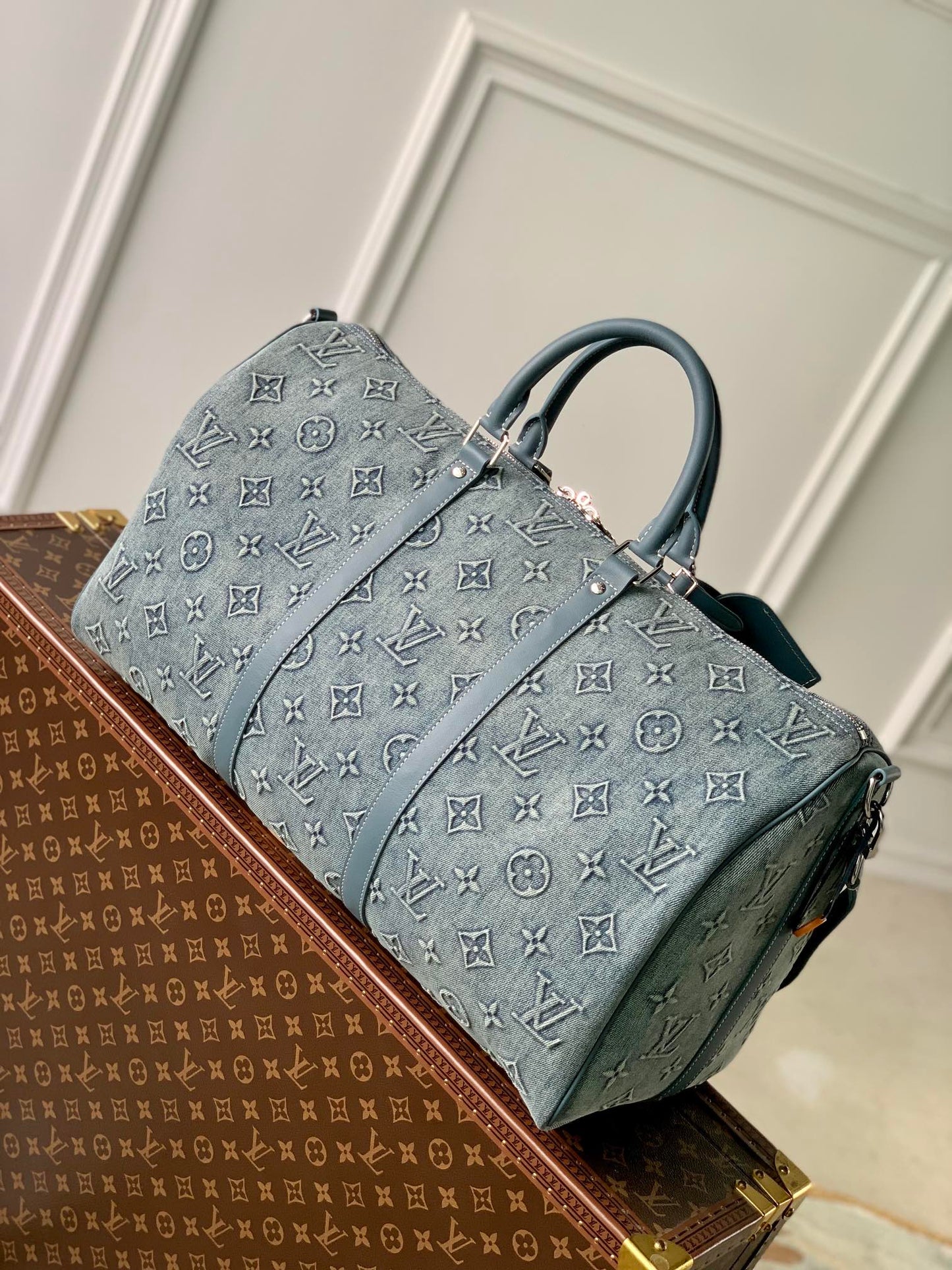 Louis Vuitton Teal Embossed Monogram Travel Duffle Bag with Shoulder Strap