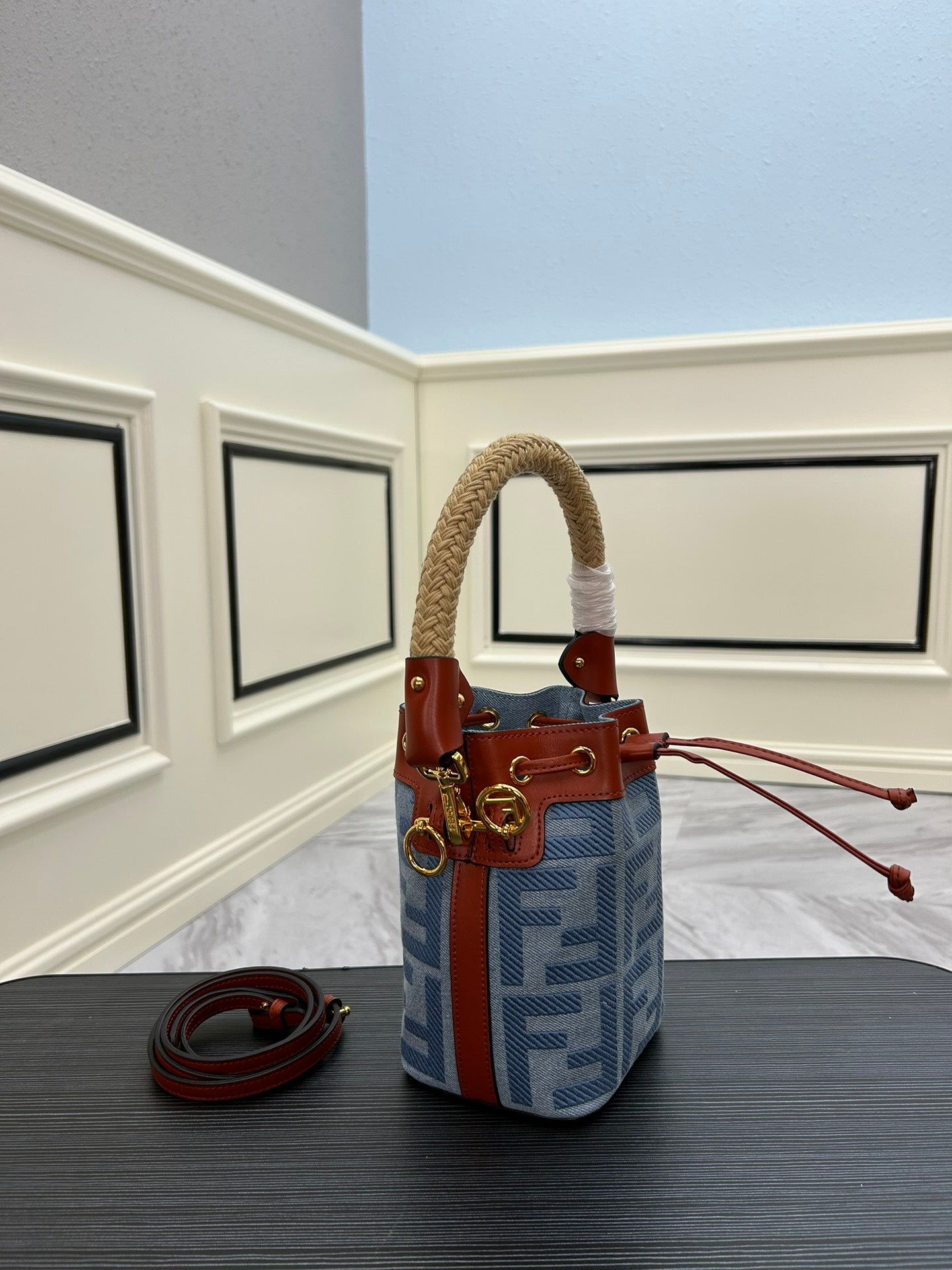 Designer Style Mini Monogram Bucket Bag - Blue Canvas &amp; Brown Leather - 18cm