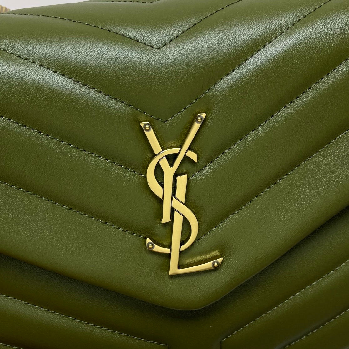 Saint Laurent Style Monogram Quilted Leather Shoulder Bag - Olive Green