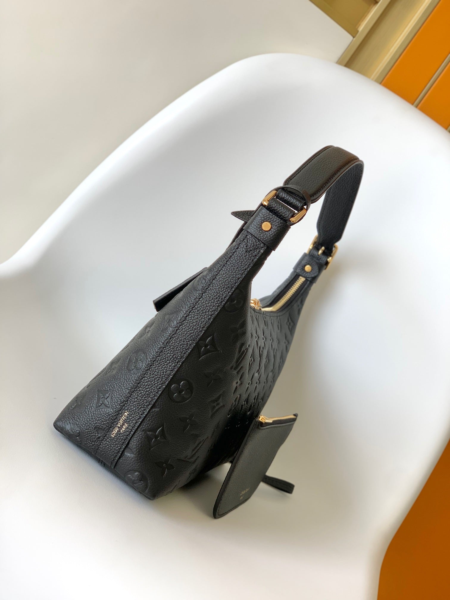 Louis Vuitton Classic Black Embossed Leather Shoulder Bag with Gold Hardware