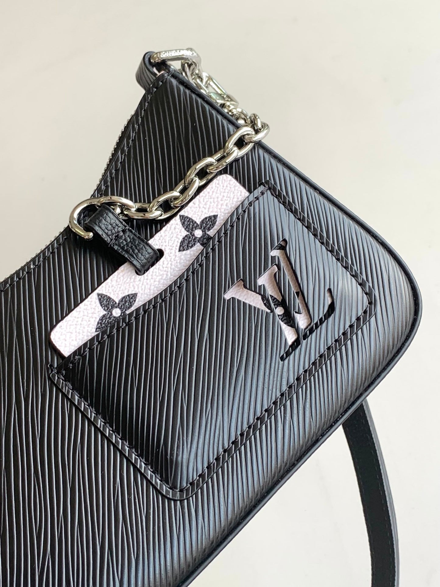 Louis Vuitton Classic Black Textured Leather Baguette Shoulder Bag with Silver Chain