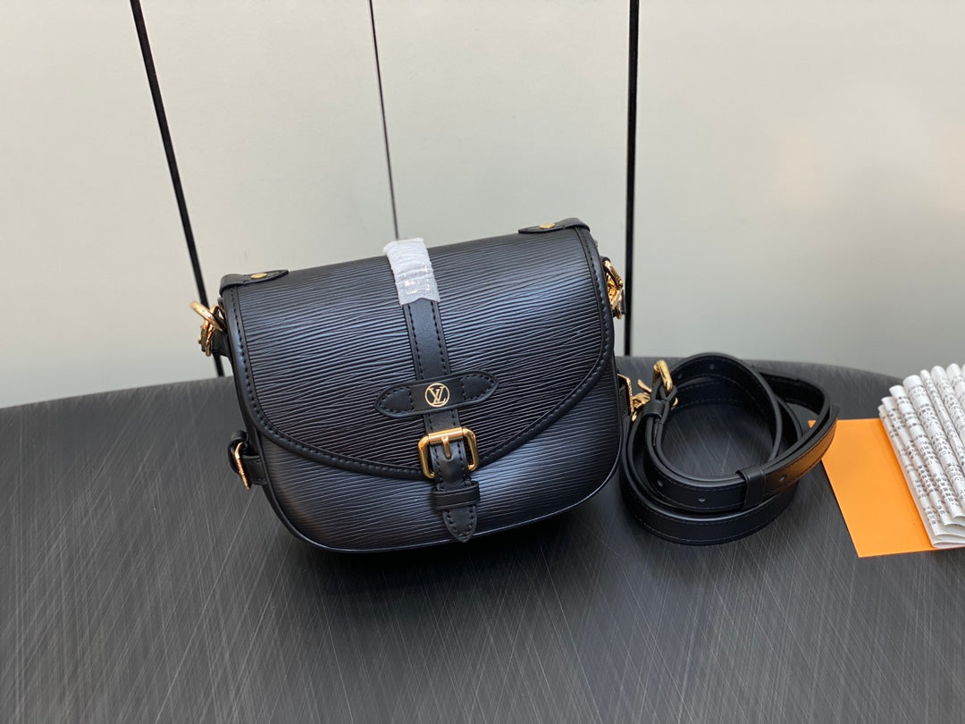 Louis Vuitton Classic Black Leather Crossbody Shoulder Bag with Gold Buckle